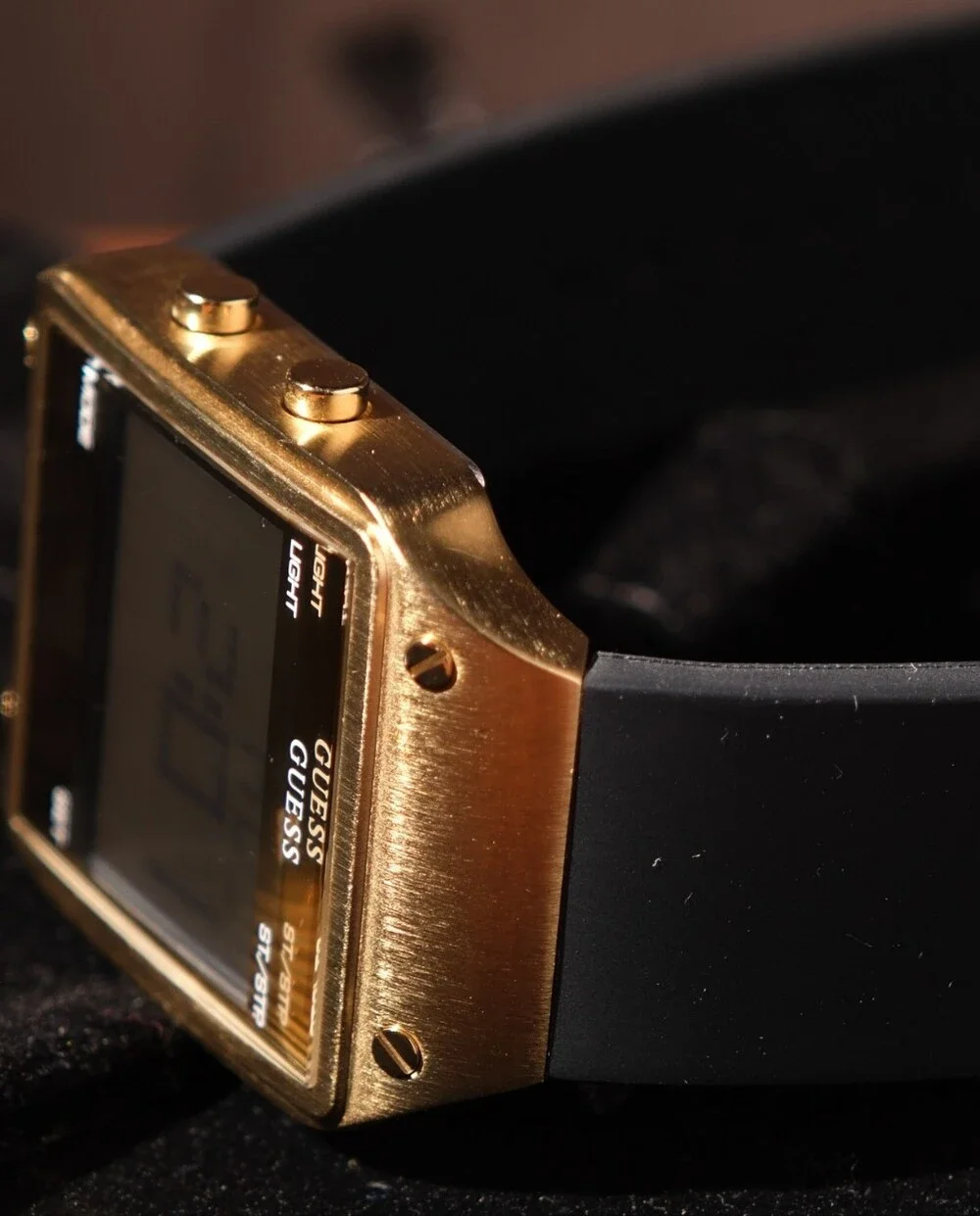 Guess Radar W0595G3 Gold Tone Digital Watch Black Silicone Strap